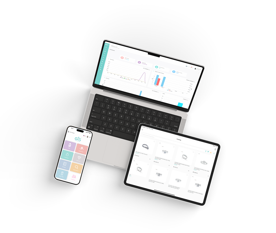 GIS running on a laptop dashboard, a tablet catalogue and the GIS mobile app